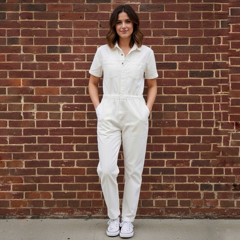 Vintage |‎ For The Good Times Tangerine | White Short Sleeve Cotton Jumpsuit M
